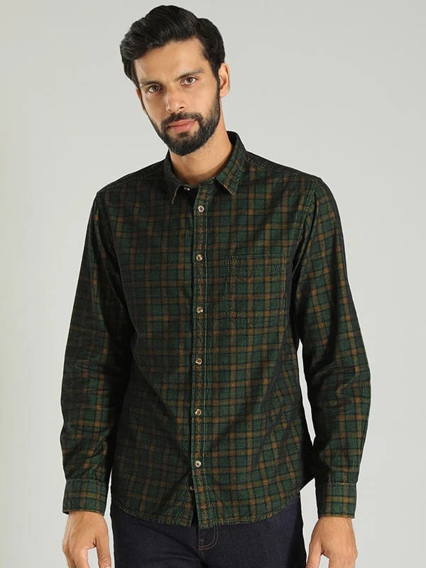 Indian Terrain Men's Slim Fit Full Sleeve Checkered Green Shirt